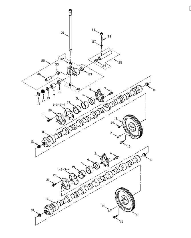 Guascor V engines camshaft parts list technical exploded drawing